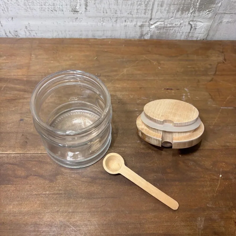 Glass Sugar or Honey Jar with Wood Lid and Spoon